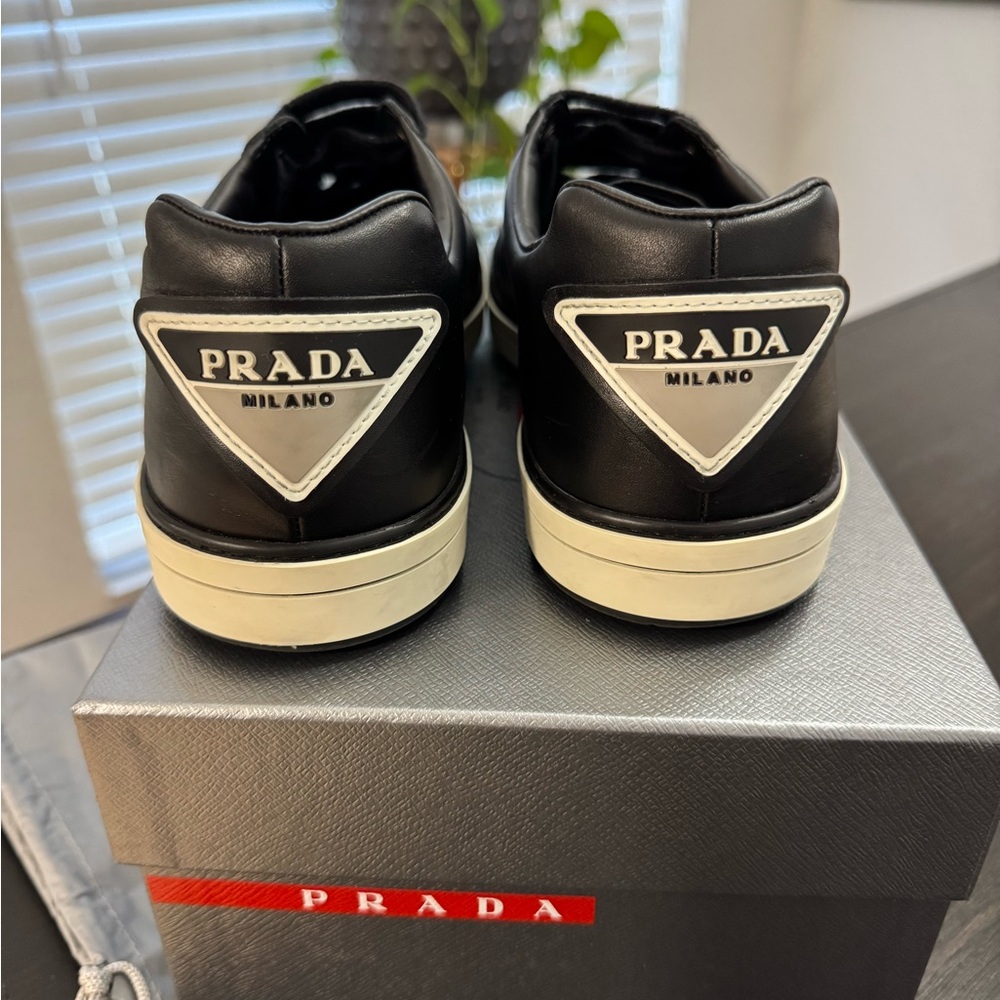 Prada Black Leather Low-Top Sneakers with Cream Sole - Picture 2 of 10